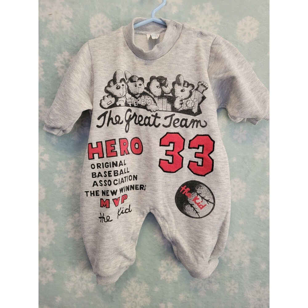Vintage 90s Hopscotch 6-9M Romper Jumper Jumpsuit Baseball Heavy Bear Gray Red